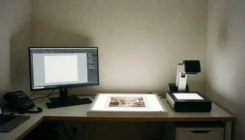 Clean design desk setup featuring a computer monitor, task light, and scanner, providing a neutral background for text or branding.