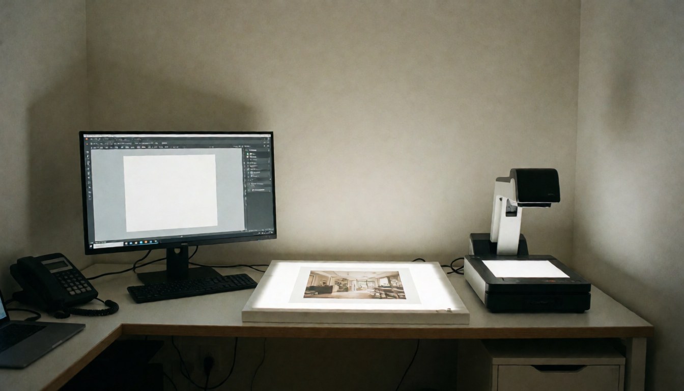 Clean design desk setup featuring a computer monitor, task light, and scanner, providing a neutral background for text or branding.