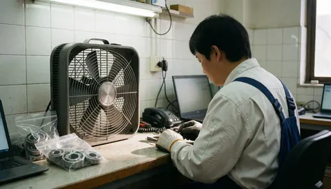 Technician repairing a fan with new bearings on a workbench with white tiled walls and bright lighting.