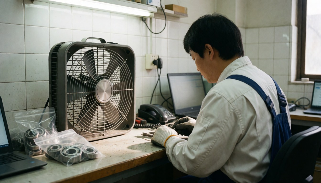 Technician repairing a fan with new bearings on a workbench with white tiled walls and bright lighting.