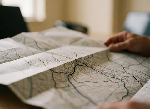 Close-up of hands holding a physical city map with marked routes on a blurred background, suitable for hostel or tourism services