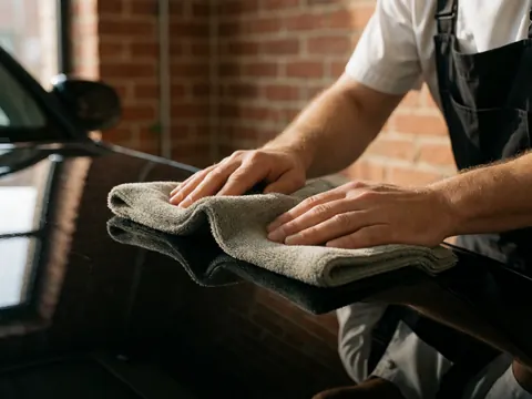 Hands folding a towel on the hood of a shiny black car in a car wash with a red brick wall and warm light