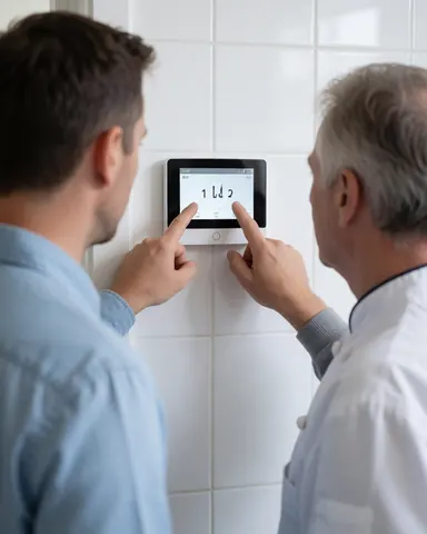 A technician and client adjust a smart thermostat mounted on a white tiled wall during a heating system installation.