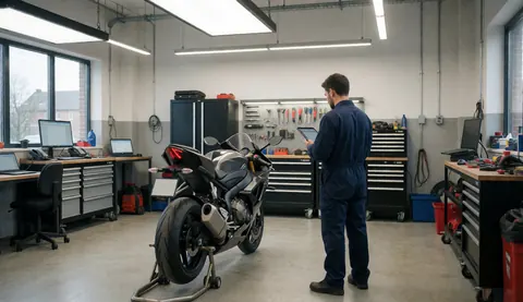 Mechanic in uniform checking a sport motorcycle in a modern workshop with LED lights and tools on the wall