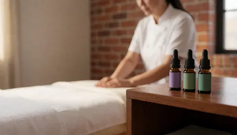 Three essential oil bottles sit on a wooden table beside a white massage table in a room with a brick wall and natural light.