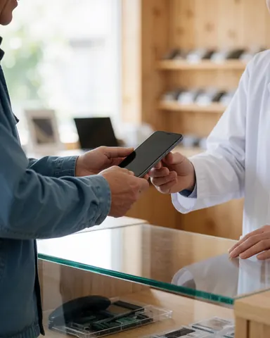A satisfied customer hands a mobile phone to a technician in a repair shop with shelves of spare parts and light wood walls.