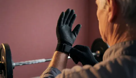 An older individual wearing black gloves while preparing to lift weights against a pink wall with warm lighting