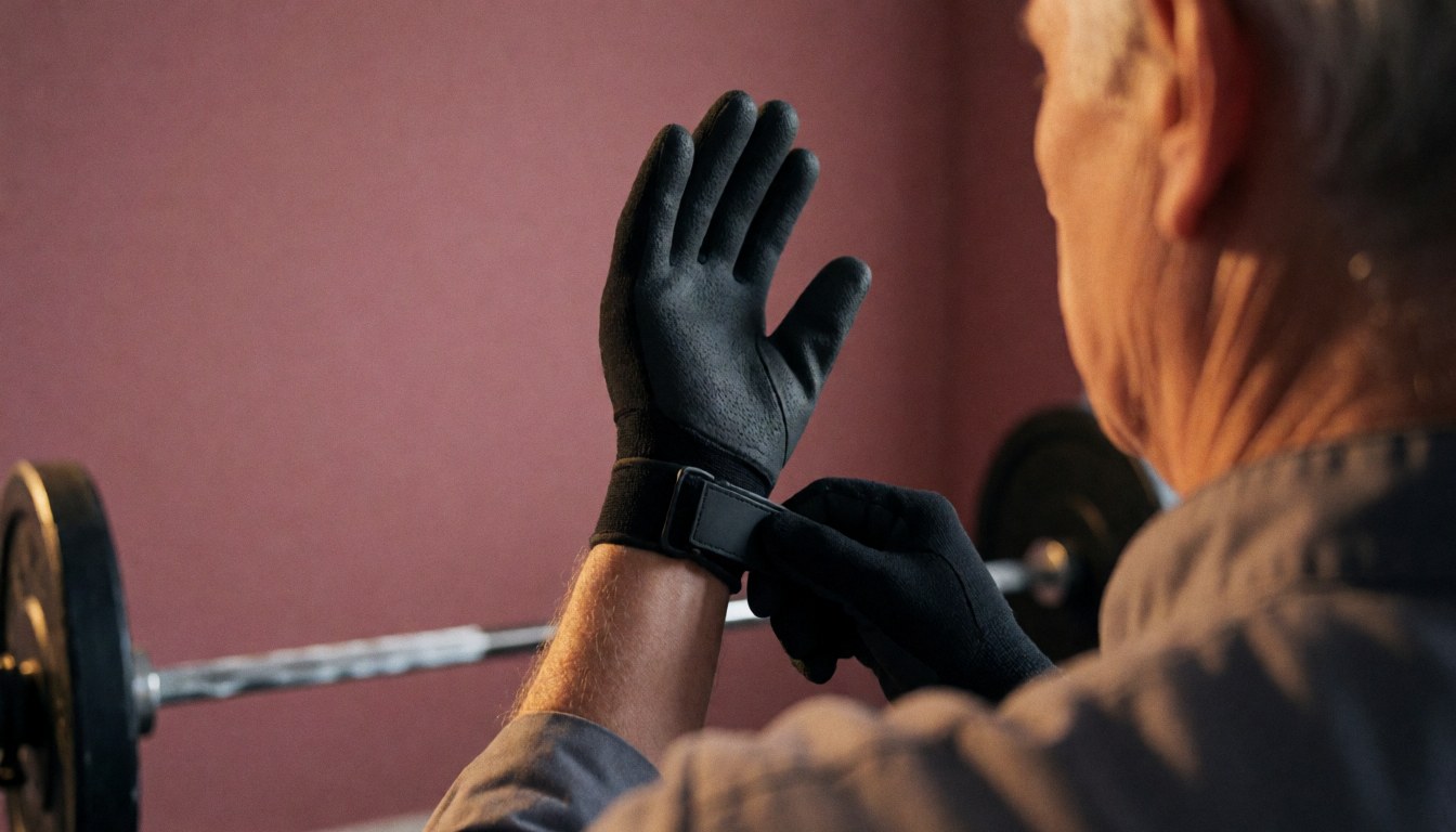 An older individual wearing black gloves while preparing to lift weights against a pink wall with warm lighting