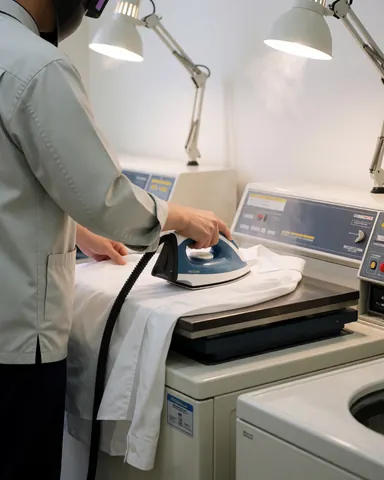 Person using electric iron on white shirt over machine in laundromat with work lights and white walls