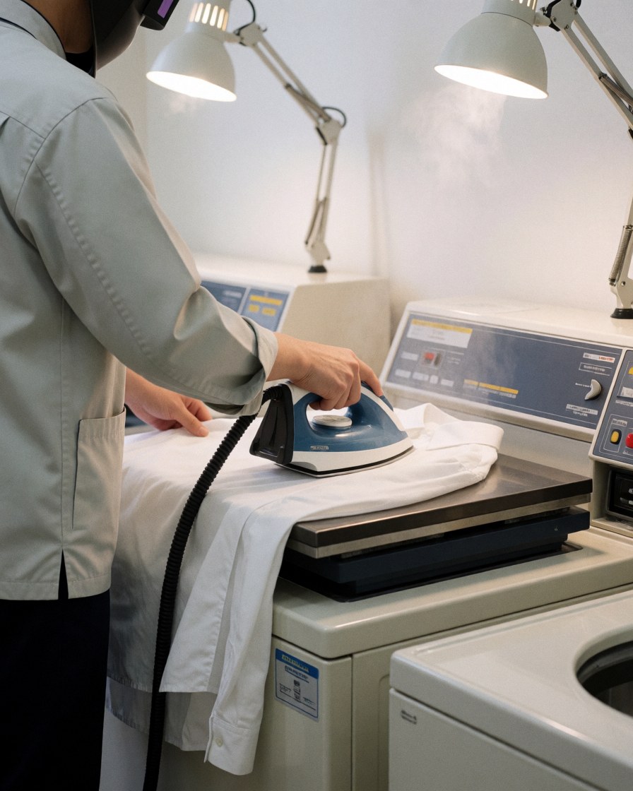 Person using electric iron on white shirt over machine in laundromat with work lights and white walls