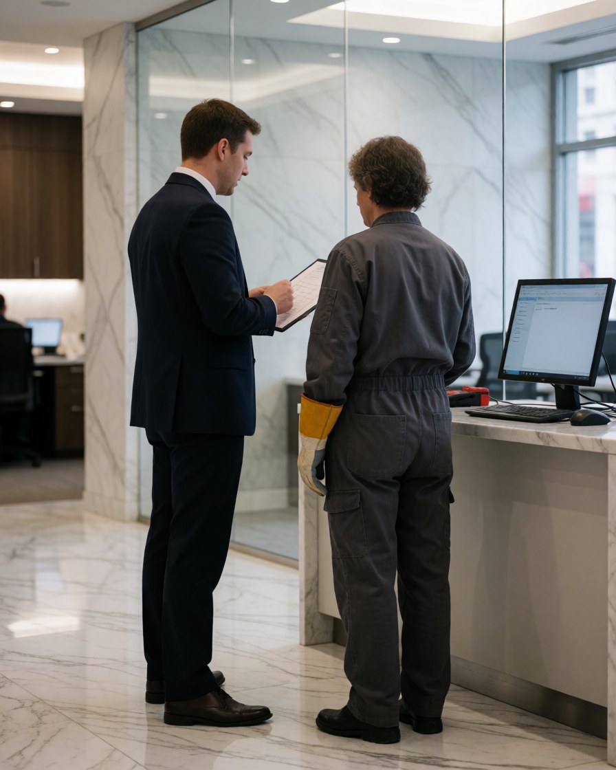 A professional and a security technician review a document in a modern office lobby with marble flooring and a computer.