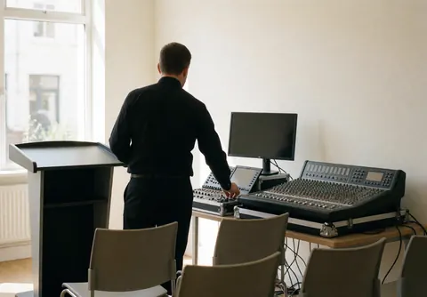 Sound technician adjusting a professional audio mixer in an empty event room with a podium and white walls.