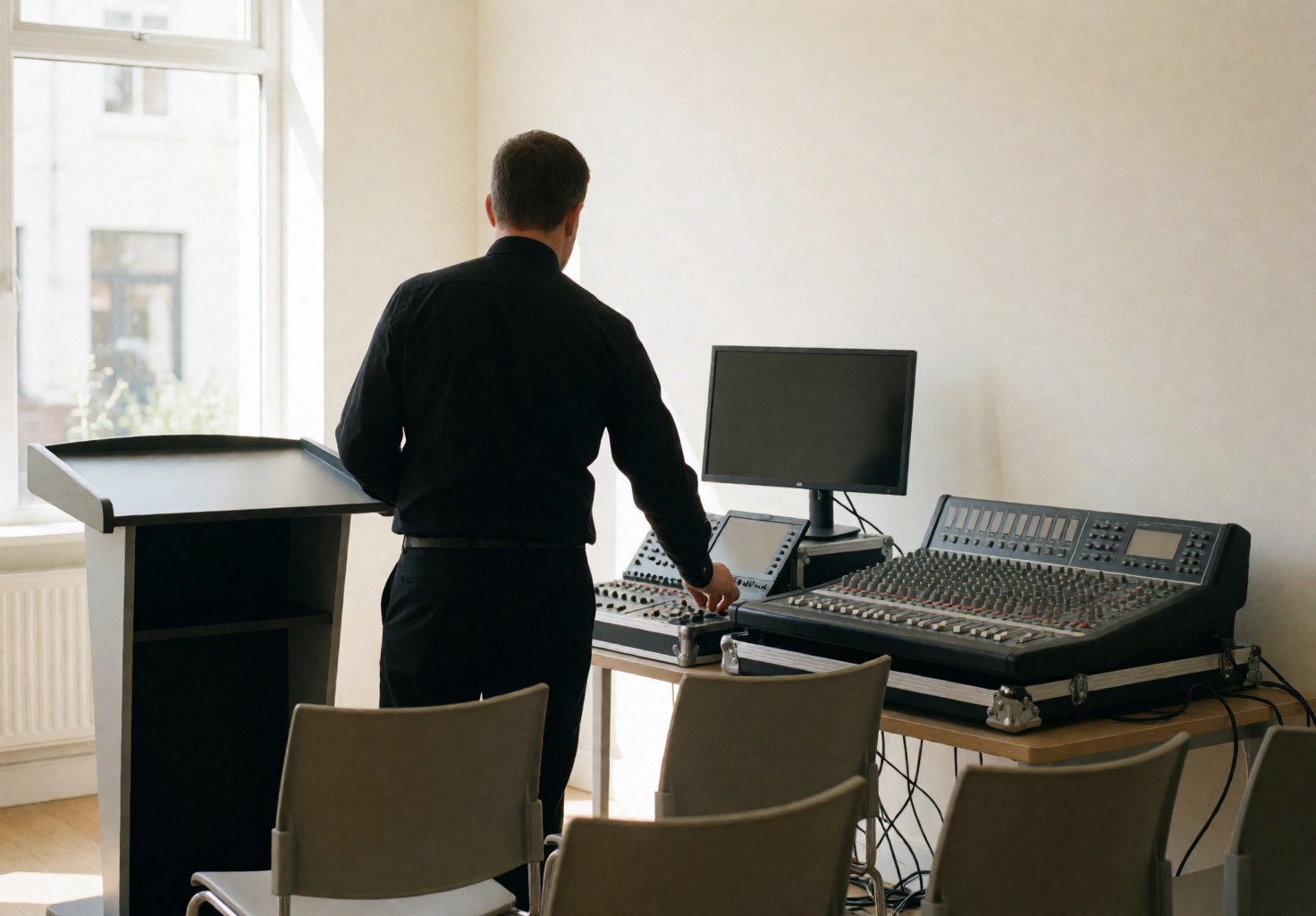 Sound technician adjusting a professional audio mixer in an empty event room with a podium and white walls.