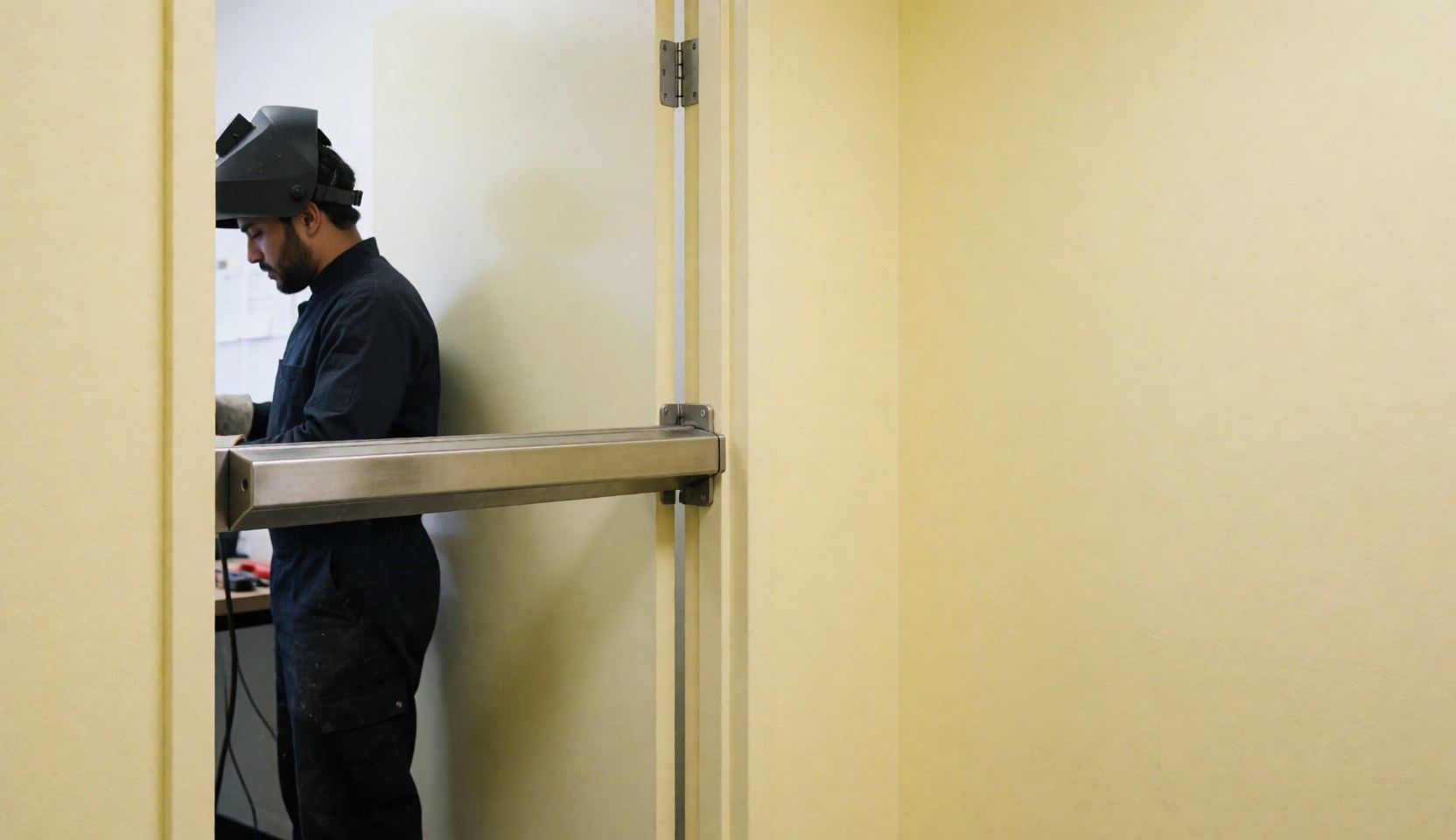 Security technician installing a magnetic bar on an office door with yellow walls and visible tools during an alarm repair service.