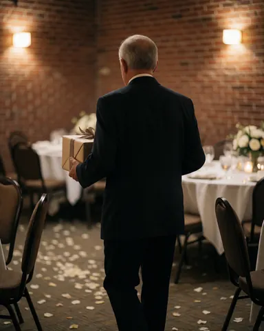 A man from behind carries a gift box through a banquet hall with white tablecloths and petals on the floor.
