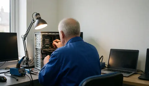 Close-up view of a technician applying thermal paste to a CPU during a computer repair service in a workshop setting