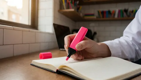 Close-up of a hand holding a pink marker above an open notebook on a wooden desk with white tiled walls and natural light