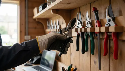 A gloved hand holding pruning shears against a wooden wall with organized tools in a well-lit gardening workshop