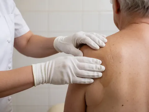 Therapist applying massage oil to a client's shoulder during a treatment session