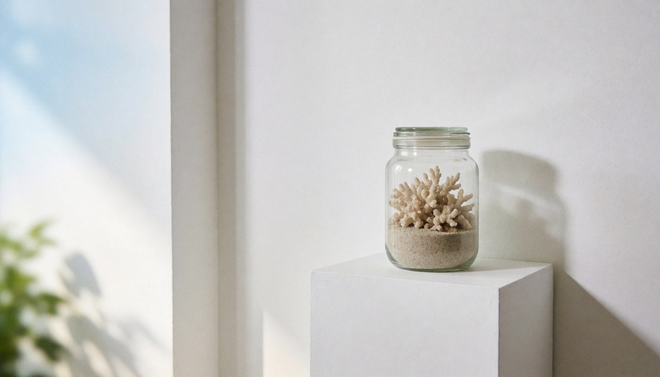 A coral jar displayed on a white pedestal against a white wall with natural lighting, suitable for underwater photography business products.