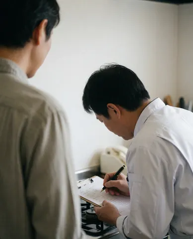 Technician in white uniform writes diagnosis on kitchen stove while client observes, professional repair scene