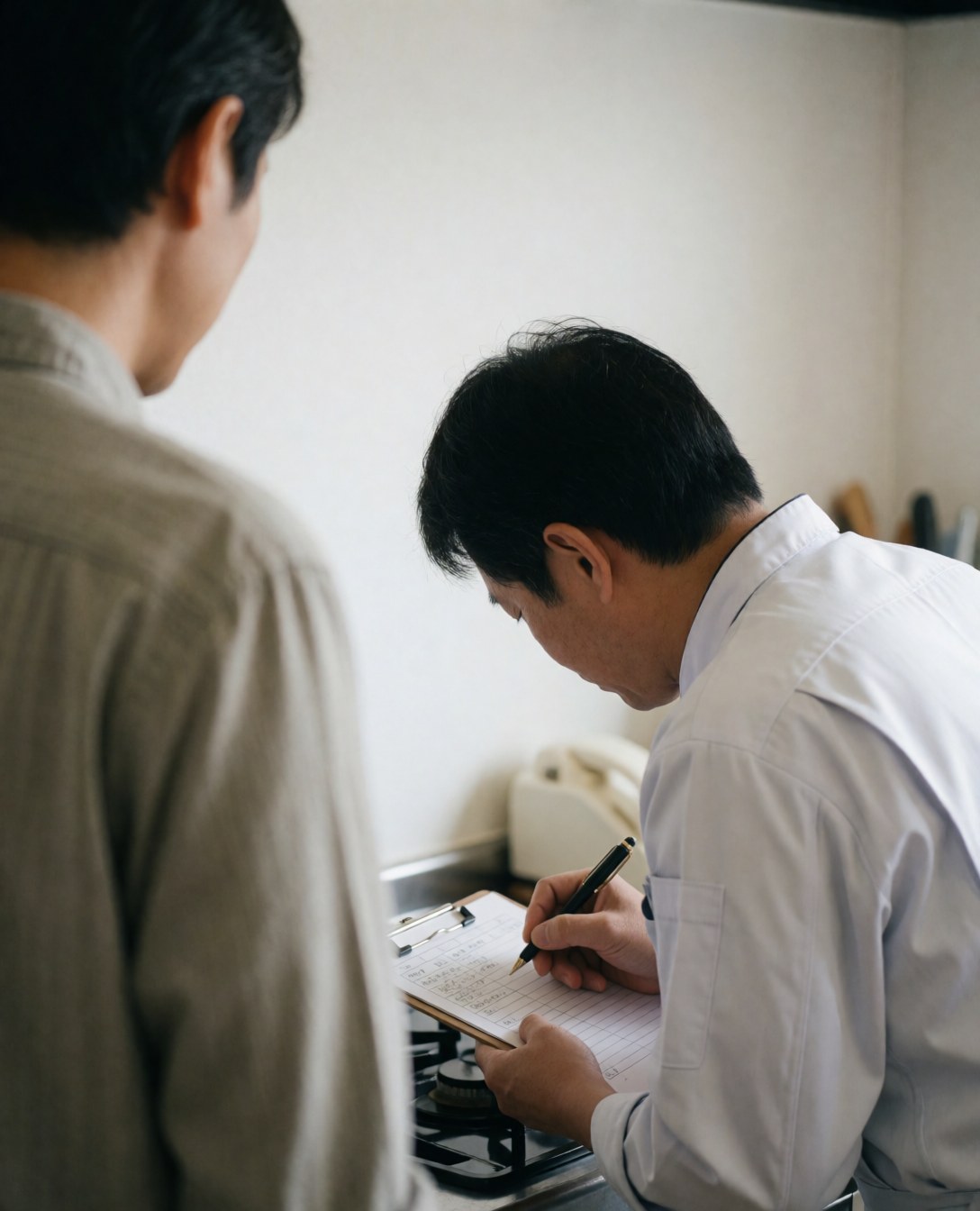 Technician in white uniform writes diagnosis on kitchen stove while client observes, professional repair scene