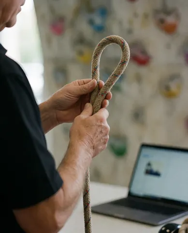 Close-up of climbing instructor's hands tying a rope knot on a climbing wall for training purposes