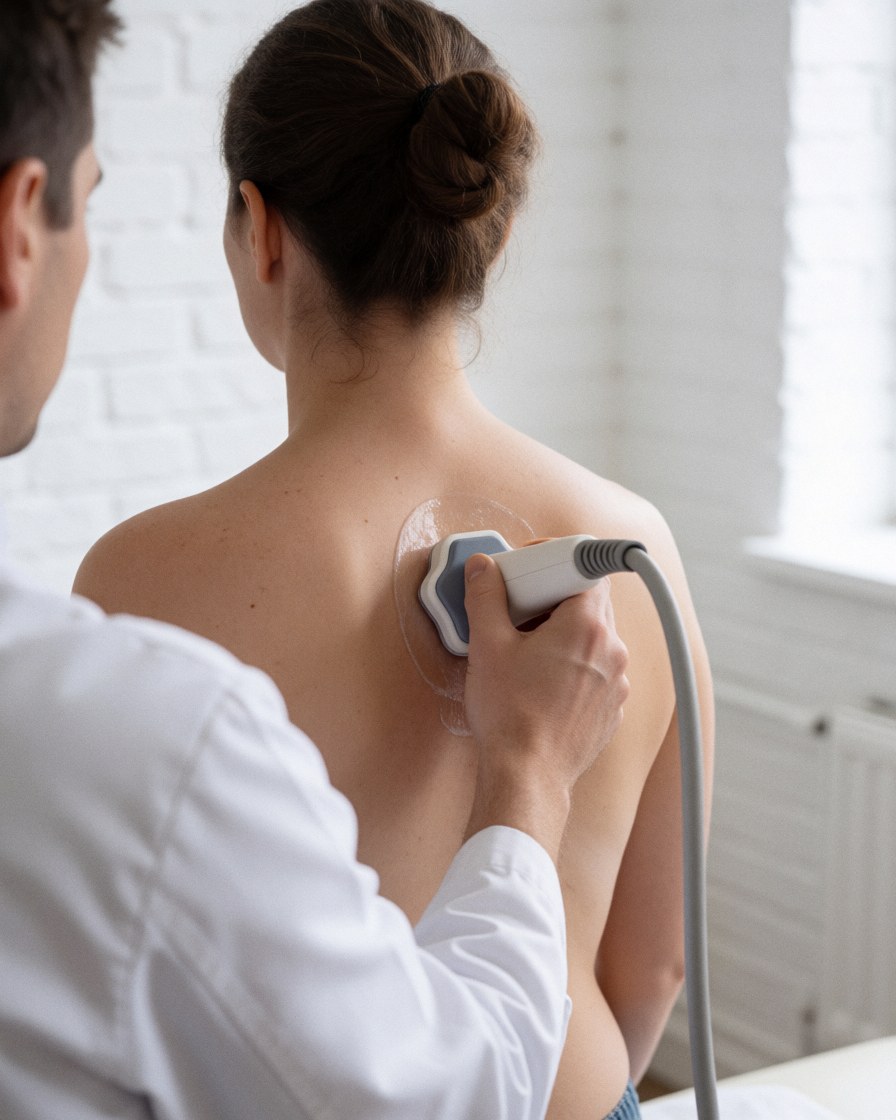 Physiotherapist applying ultrasound treatment to a client's back in a clean clinic with white brick walls
