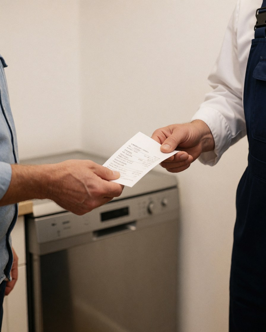 Repair technician hands a receipt to a client in a kitchen with a washing machine, white walls, and warm lighting.