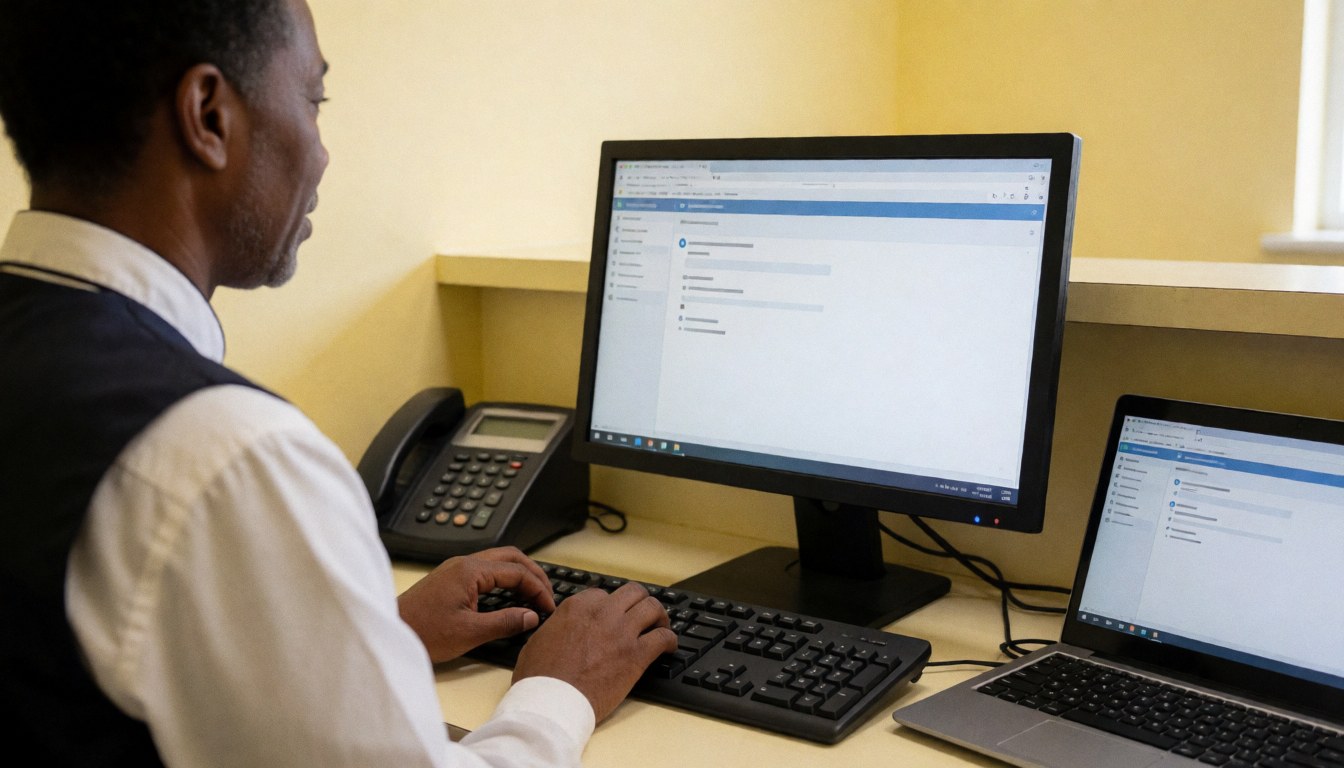 Robotics workshop employee typing on a computer with a screen, phone, and laptop on a clean desk