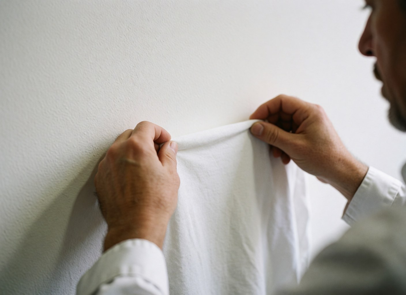 Close-up of hands checking the texture of white t-shirt material against a plain background for quality control