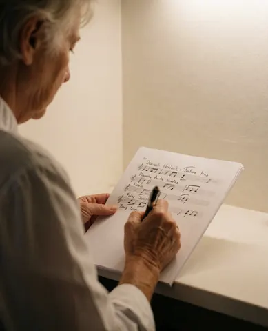 An adult writes tango sheet music in a bright room with light walls and warm lighting, showing musical learning.