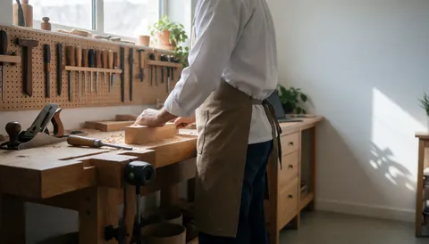 Woodworking workshop with hanging tools, person wearing an apron working at a wooden table with natural light.