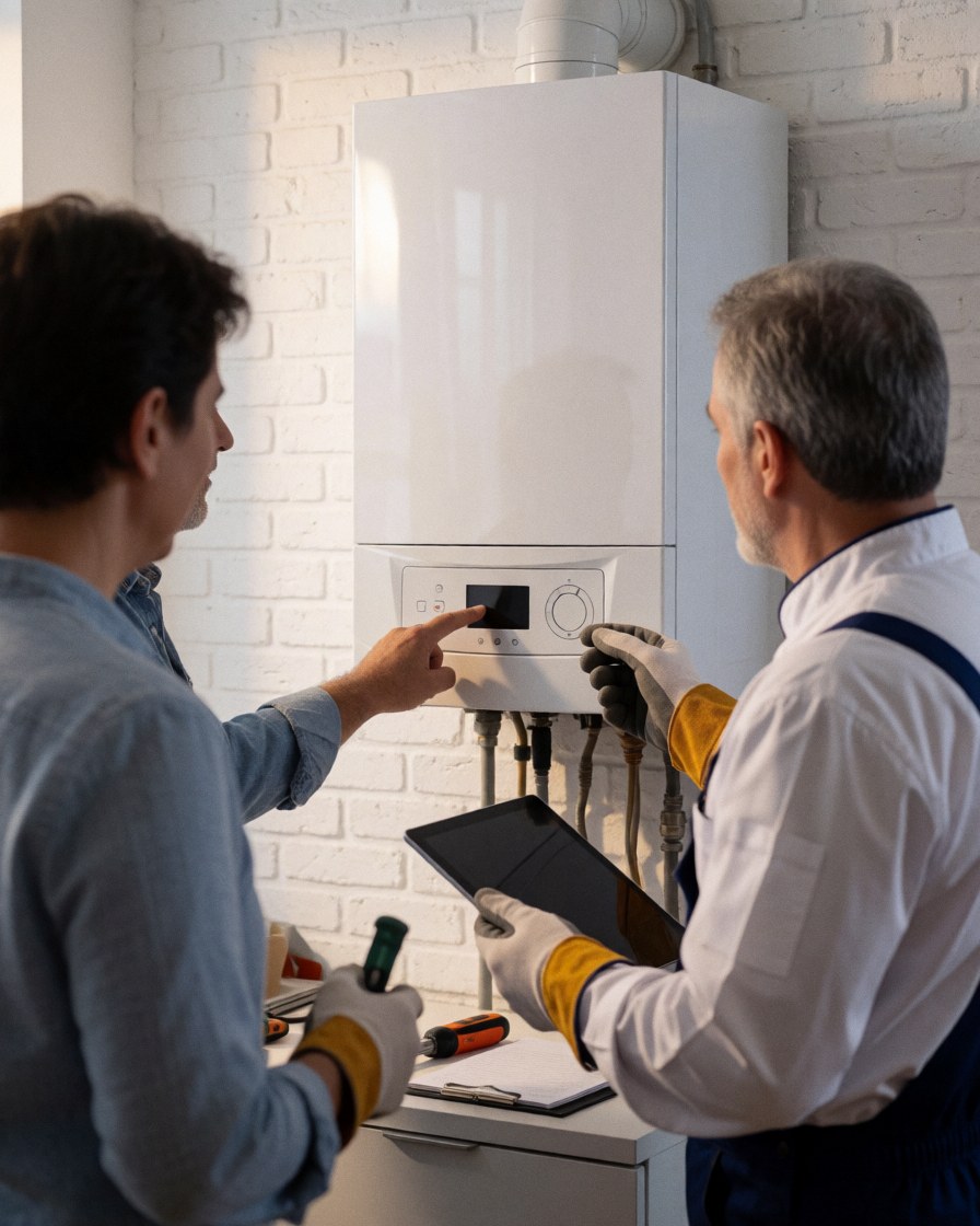 Technician and client reviewing a newly installed white water heater against a white brick wall with tools and tablet