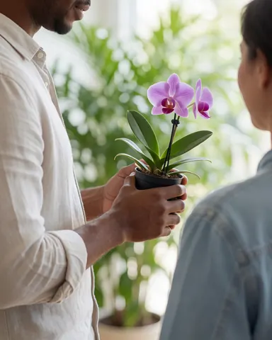 A happy customer receives an orchid in an ecological park with lush vegetation and natural light, ideal for promoting gardening services.