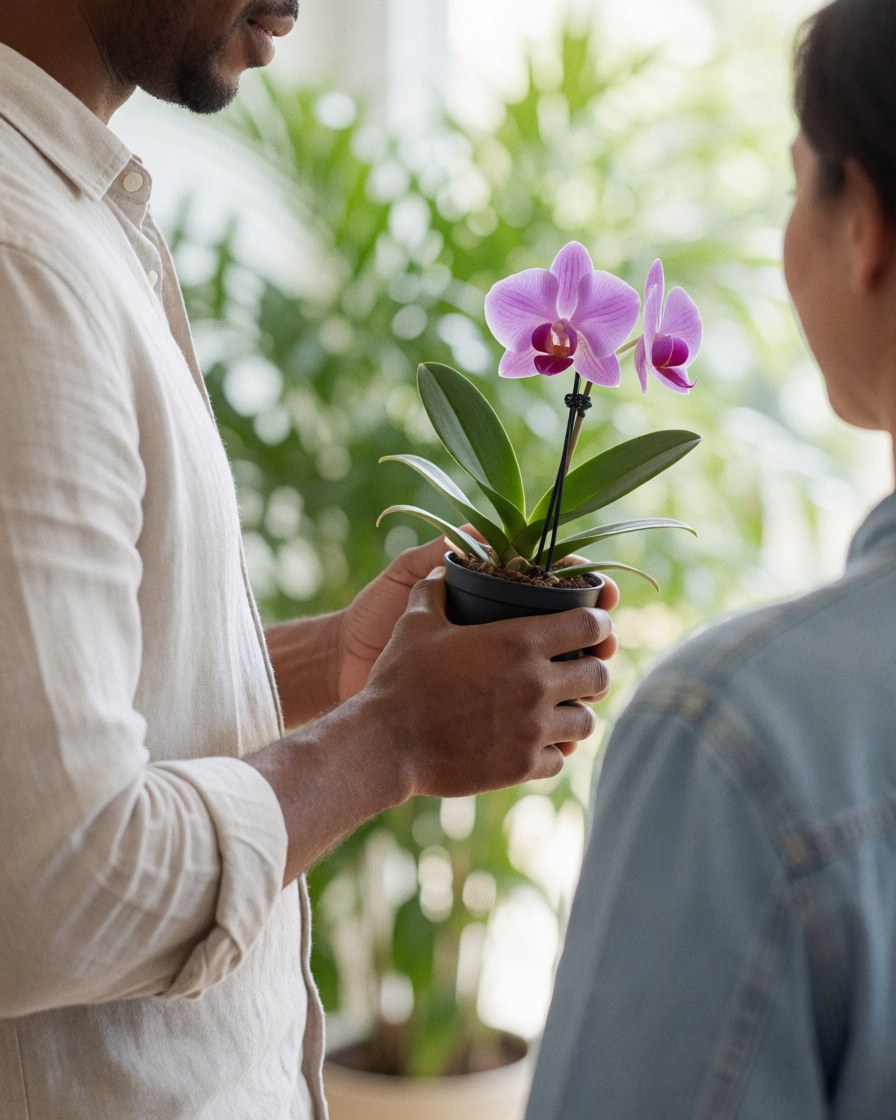 A happy customer receives an orchid in an ecological park with lush vegetation and natural light, ideal for promoting gardening services.