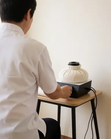 A professional adjusts therapeutic heat equipment on a table in a clean clinical setting for hypnotherapy.