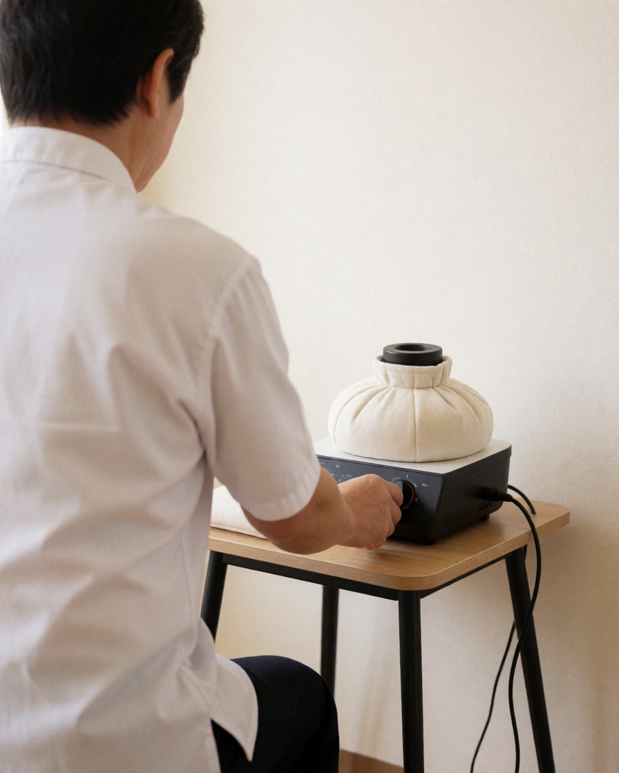 A professional adjusts therapeutic heat equipment on a table in a clean clinical setting for hypnotherapy.