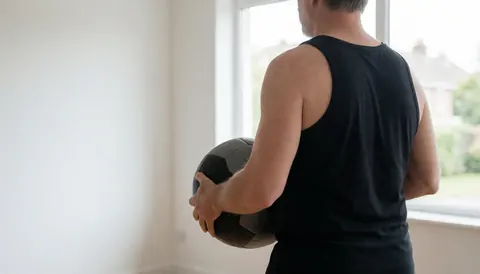 Fitness trainer holding a medicine ball in a gym with white walls and natural light, suitable for website hero section