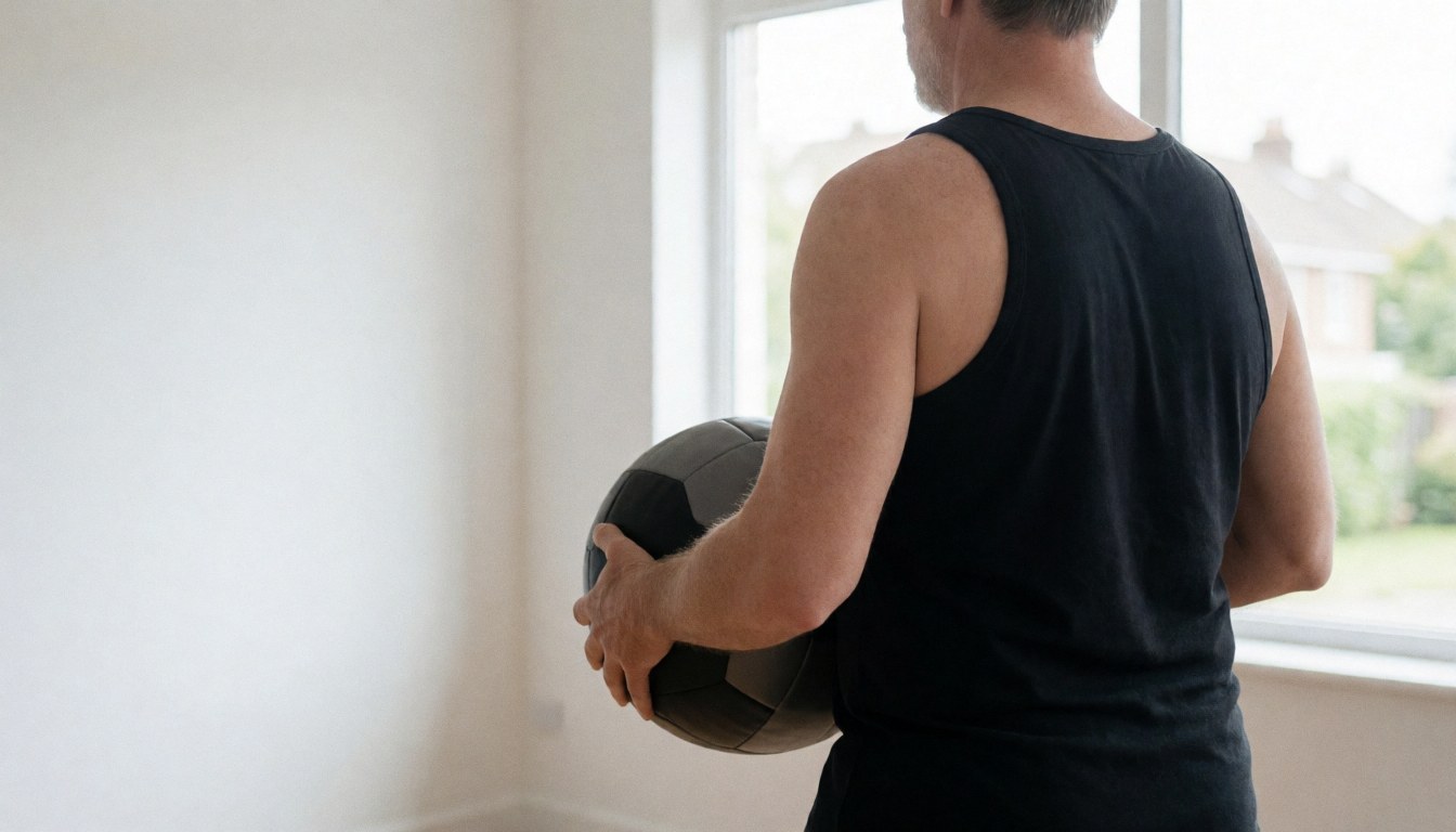 Fitness trainer holding a medicine ball in a gym with white walls and natural light, suitable for website hero section