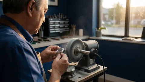 A watchmaker polishing a timepiece using a lathe in a workshop with blue walls and natural light from a window