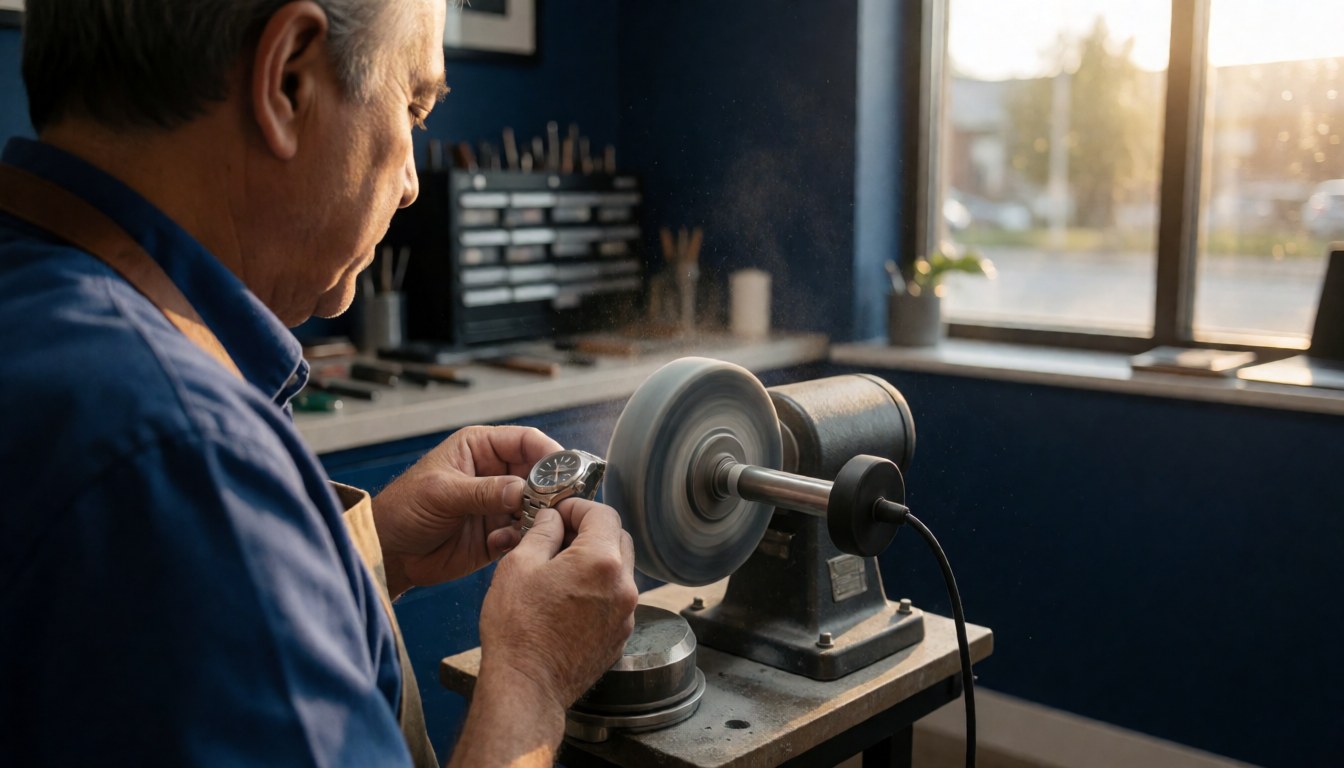 A watchmaker polishing a timepiece using a lathe in a workshop with blue walls and natural light from a window