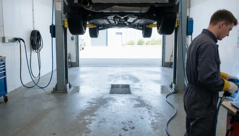 Mechanic in uniform working under a raised car in a clean shop with drainage and hanging tools.