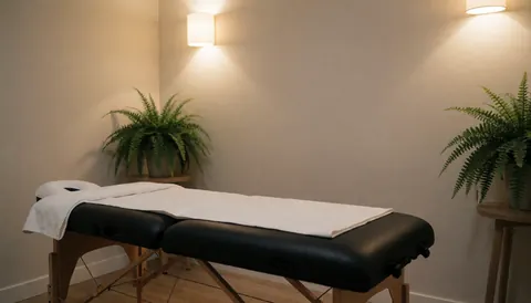 Black massage table with white towels in a neutral room with green plants and warm lighting
