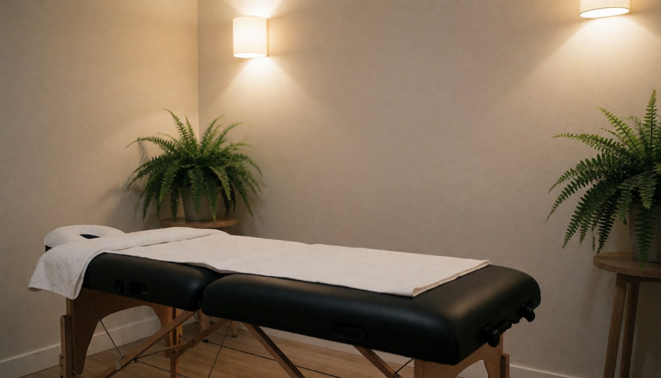 Black massage table with white towels in a neutral room with green plants and warm lighting