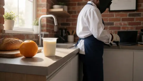 Modern kitchen featuring a brick wall, fresh fruit, and a drink on the counter, ideal for an apartment hotel.
