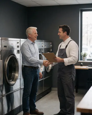 Technician and client signing a dryer repair contract in a modern laundry facility