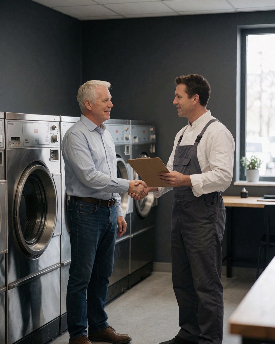 Technician and client signing a dryer repair contract in a modern laundry facility