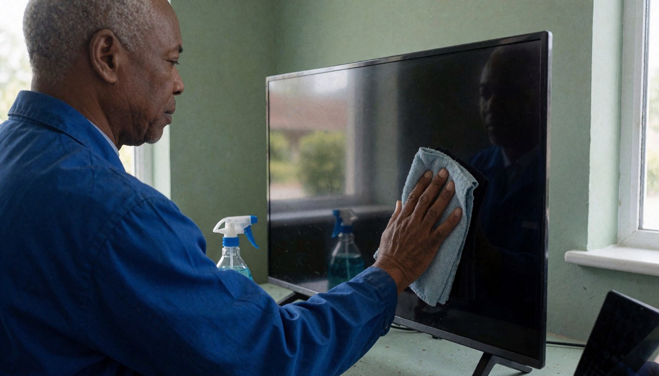 Tv repair technician in blue uniform cleaning a television screen with a microfiber cloth against a green wall with natural light