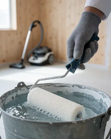 A gloved hand cleans a paint roller in a metal bucket filled with water against a light wood wall background.